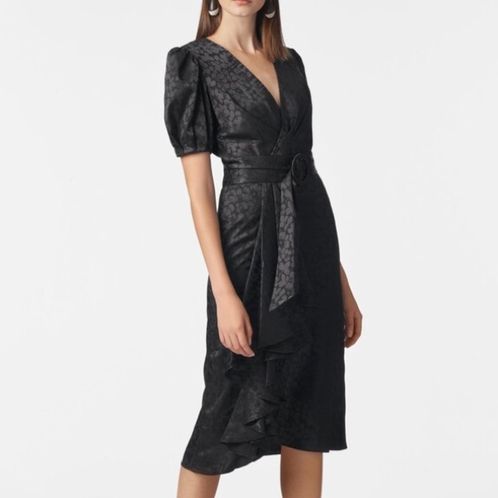 Sachin & Babi Black Puff Sleeve Ruffle Front Belted Rylee Midi Dress | 6